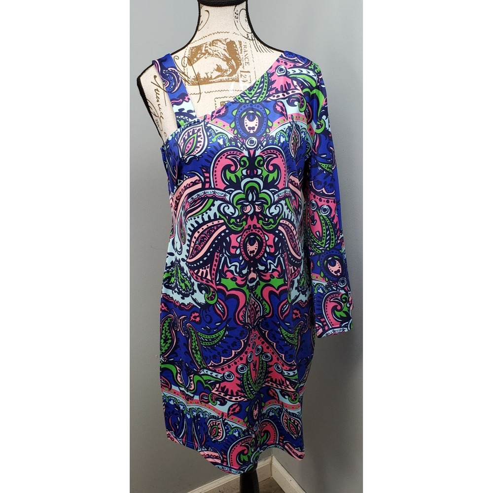 Tracy Negoshian One Shoulder Dress Womens S Multicolor Paisley Stretch Pleasant